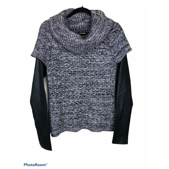 BLANKNYC Womens Pullover Sweater Black Marled Vegan Leather Sleeve Cowl Neck S - Picture 3 of 10